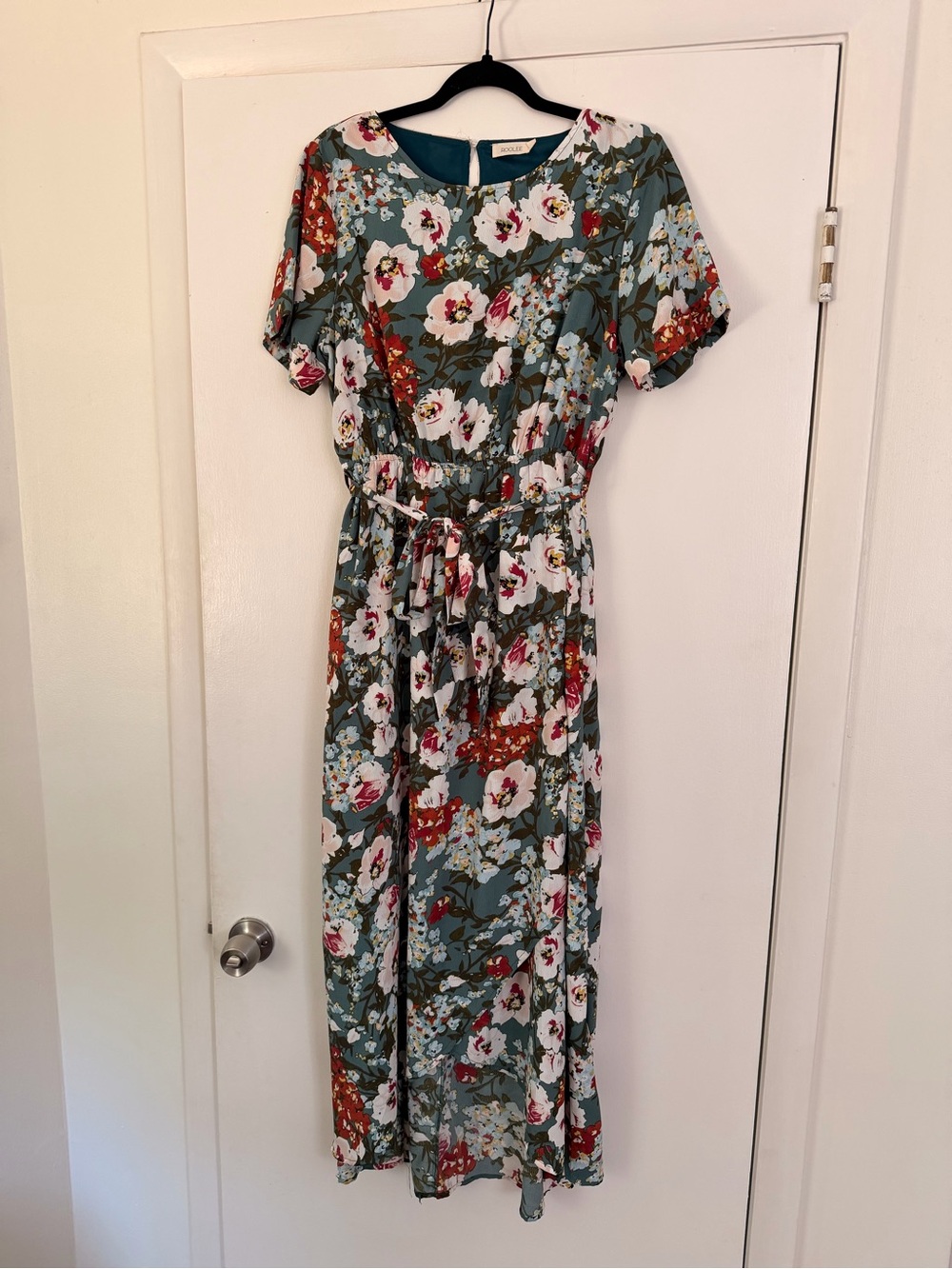 Roolee Teal Floral Tie-Waist Maxi Dress